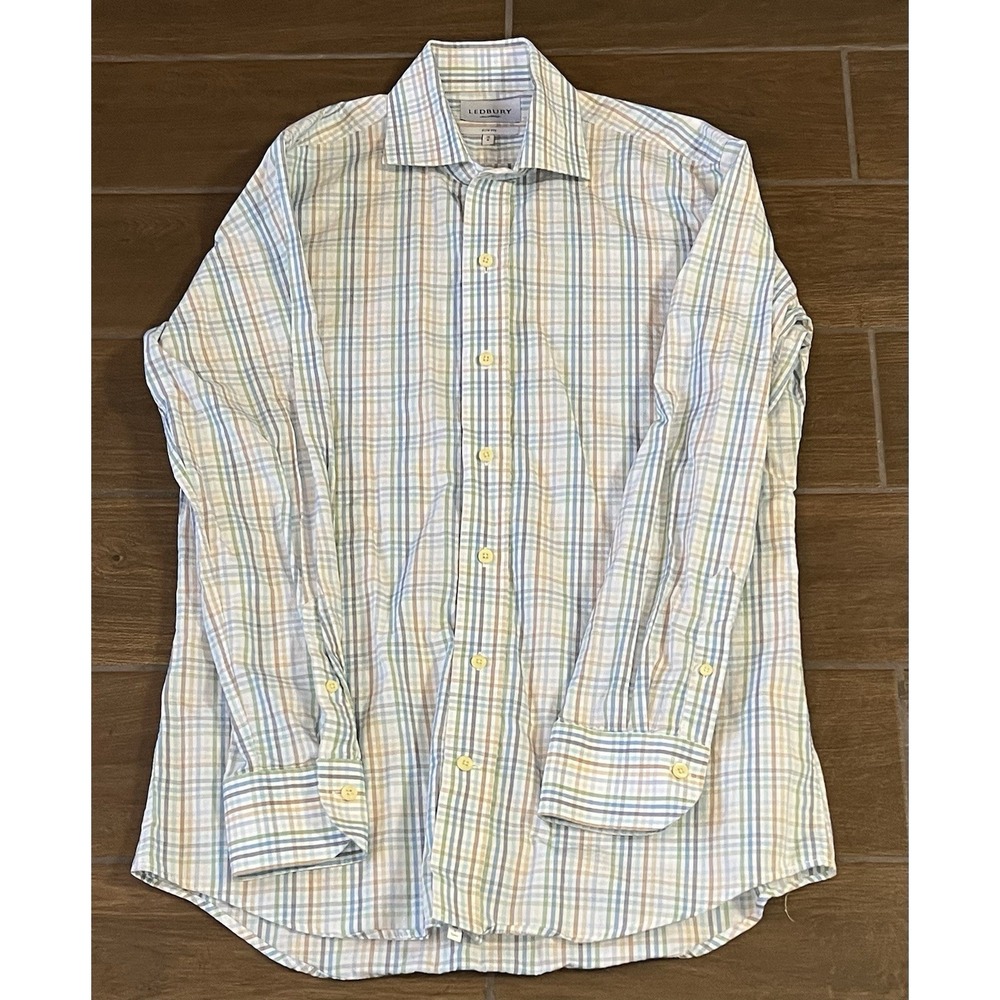 Ledbury Mens Shirt Slim Fit 16 M Plaid Multicolor Long Sleeve Cotton Button Down